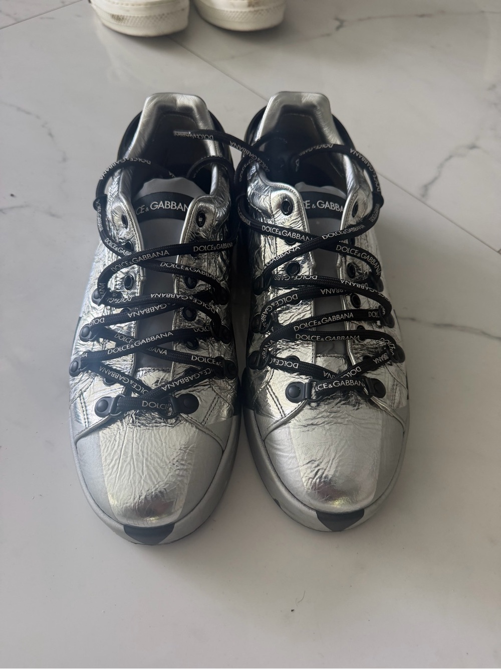 Dolce & Gabbana Men’s Metallic Silver Logo Lace-Up Sneakers